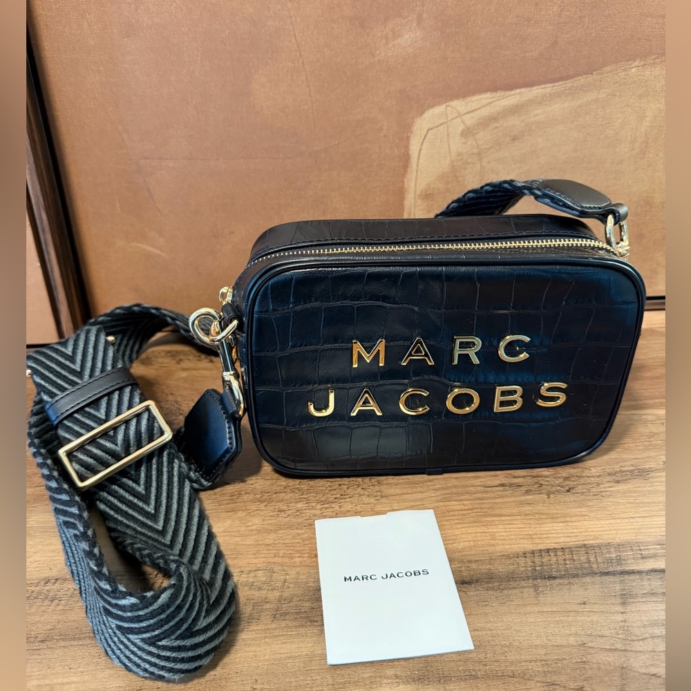 Marc Jacobs Black Croc Embossed Crossbody Bag Gold Hardware Leather